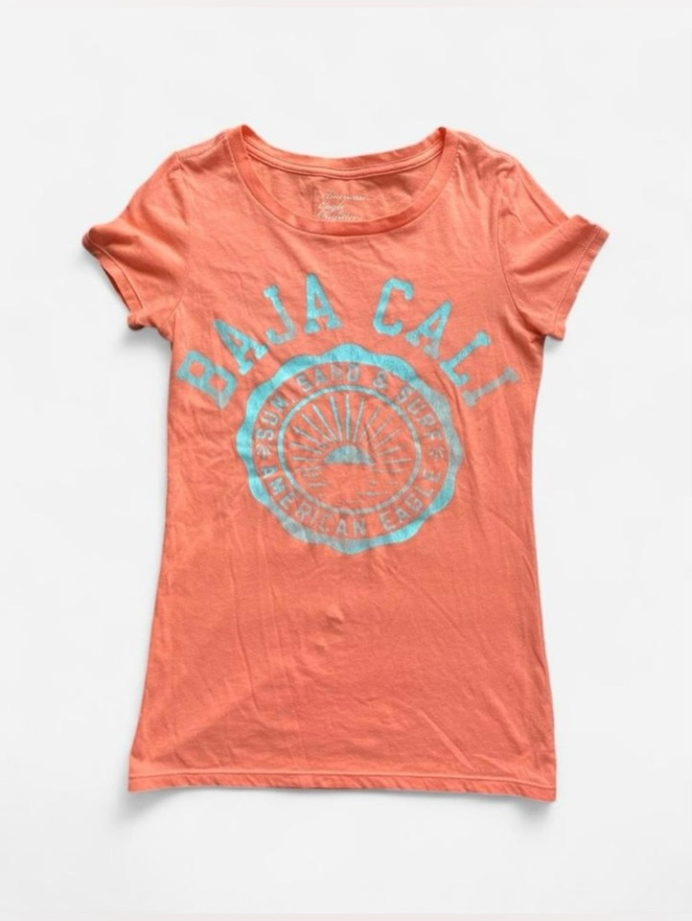 Y2k American Eagle Peachy Coral & Teal Fitted Baby Tee Baja Cali Surf - Picture 4 of 7
